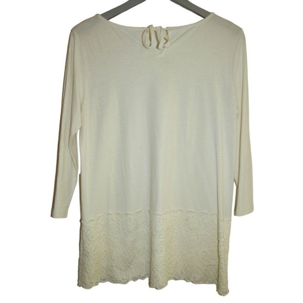 Garnet Hill Cream 3/4 Sleeve Lace Hem Knit Tie Neck Top Sz M - Picture 3 of 5